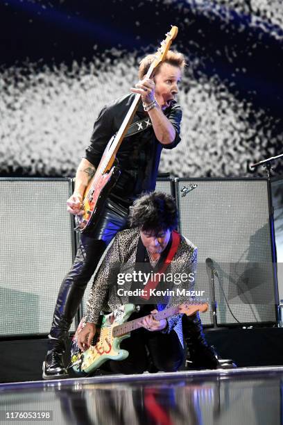 Mike Dirnt and Billie Joe Armstrong of Green Day perform onstage during the 2019 iHeartRadio Music Festival at T-Mobile Arena on September 20, 2019...