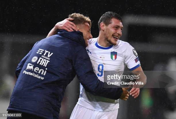 Andrea Belotti of Italy celebrates with Ciro Immobile of Italy after scoring the second goal during the UEFA Euro 2020 qualifier between...