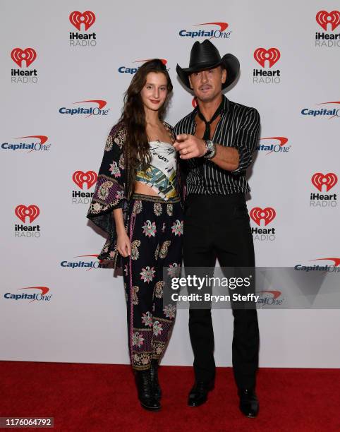 Audrey McGraw and her father Tim McGraw attend the 2019 iHeartRadio Music Festival and Daytime Stage at T-Mobile Arena on September 20, 2019 in Las...