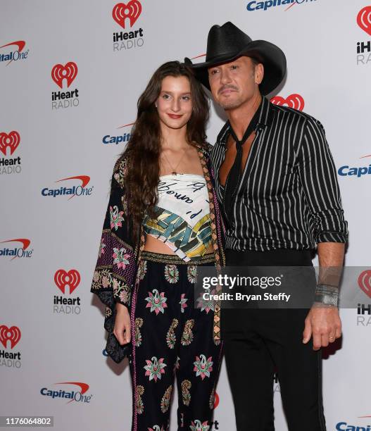 Audrey McGraw and her father Tim McGraw attend the 2019 iHeartRadio Music Festival and Daytime Stage at T-Mobile Arena on September 20, 2019 in Las...