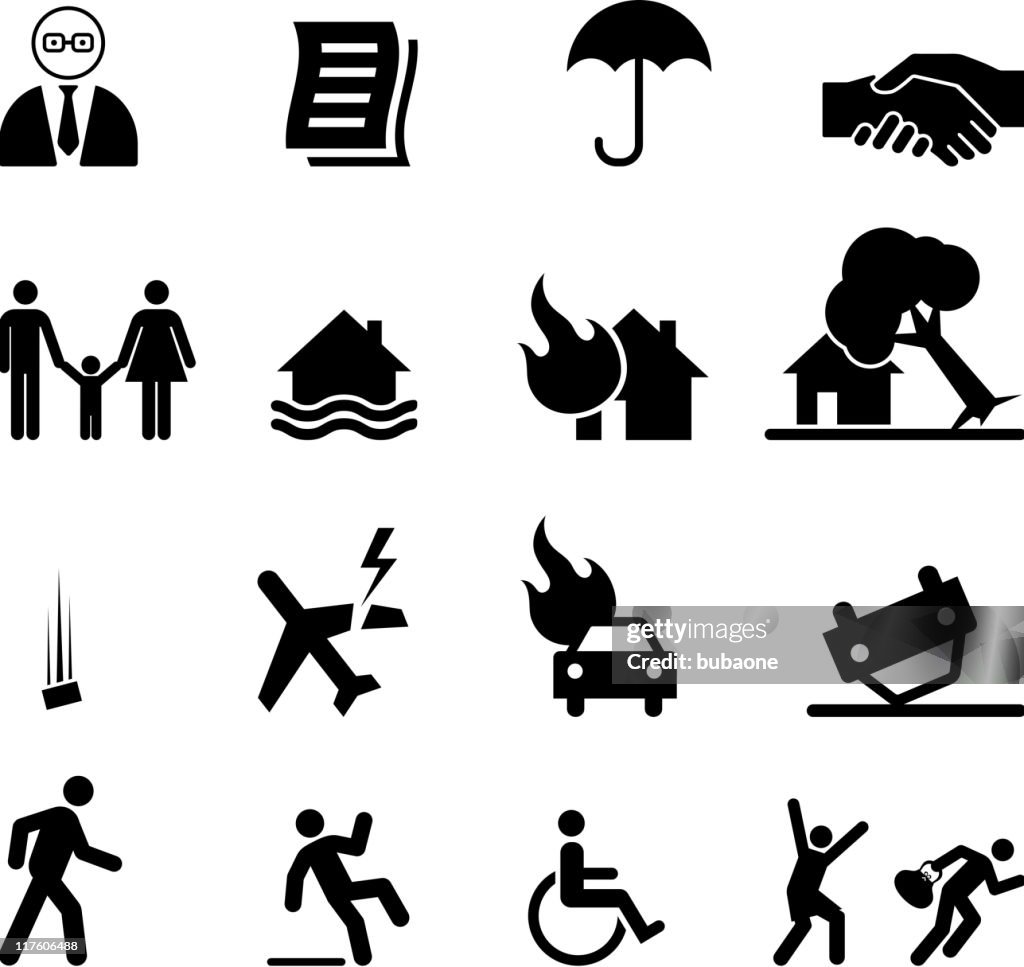 Insurance black & white royalty free vector icon set