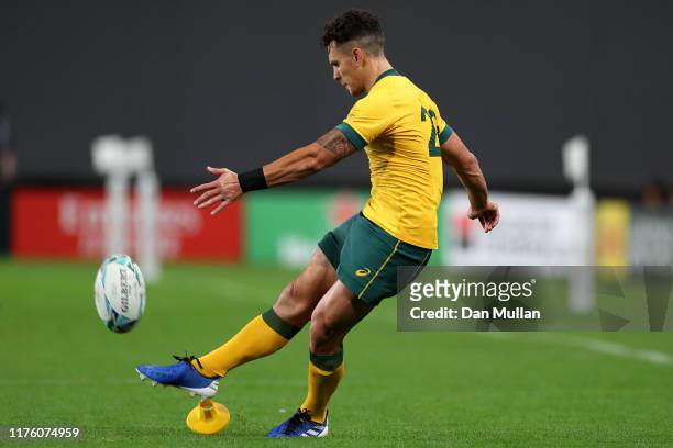 Matt To'omua of Australia kicks a conversion during the Rugby World Cup 2019 Group D game between Australia and Fiji at Sapporo Dome on September 21,...