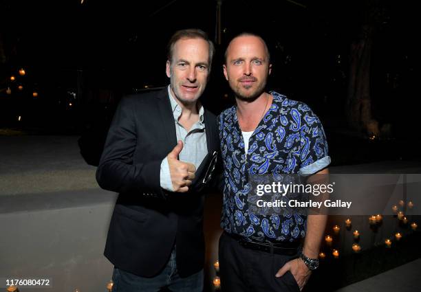 Bob Odenkirk and Aaron Paul attend Ted Sarandos' 2019 Annual Netflix Emmy Nominee Toast at a private residence on September 20, 2019 in Los Angeles,...