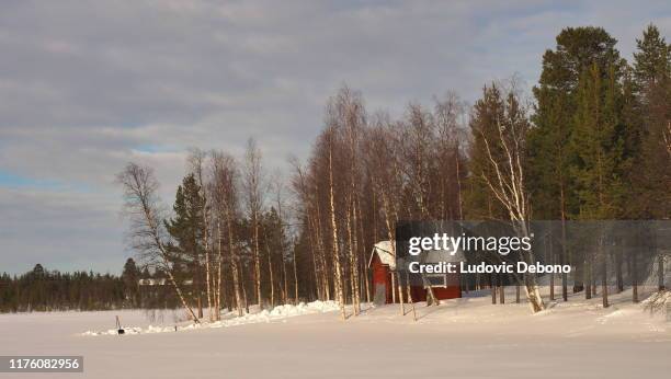 trästuga vid sjön inari - inari finland bildbanksfoton och bilder