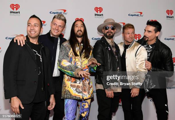Steve Aoki with Howie Dorough, Nick Carter, AJ McLean, Brian Littrell and Kevin Richardson of Backstreet Boys attend the 2019 iHeartRadio Music...