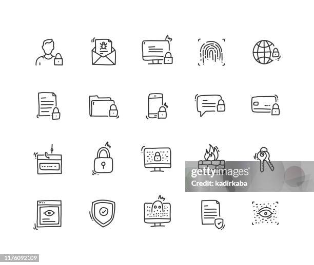 cyber security icon set - drawn icons stock illustrations