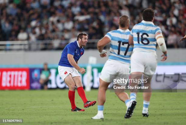 France player Camille Lopez kicks the winning drop goal during the Rugby World Cup 2019 Group C game between France and Argentina at Tokyo Stadium on...