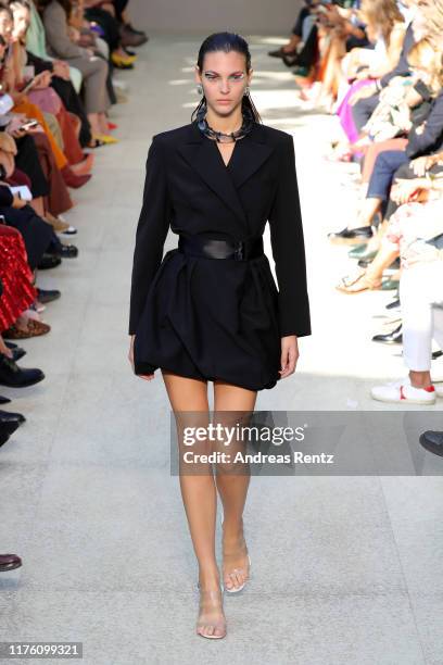 Vittoria Ceretti walks the runway at the Salvatore Ferragamo show during the Milan Fashion Week Spring/Summer 2020 on September 21, 2019 in Milan,...