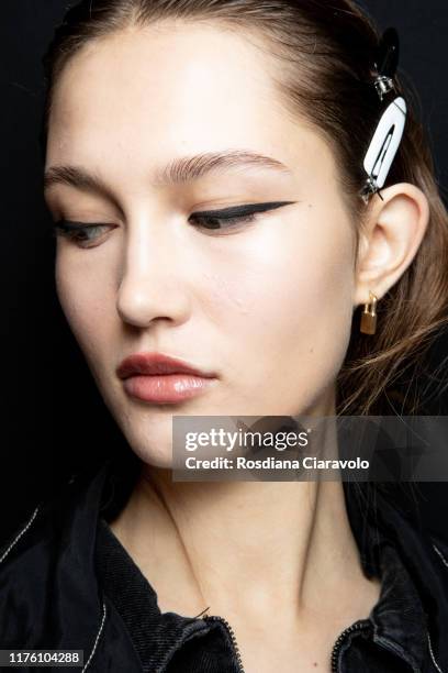 Model poses at backstage for Blumarine fashion show during the Milan Fashion Week Spring/Summer 2020 on September 20, 2019 in Milan, Italy.