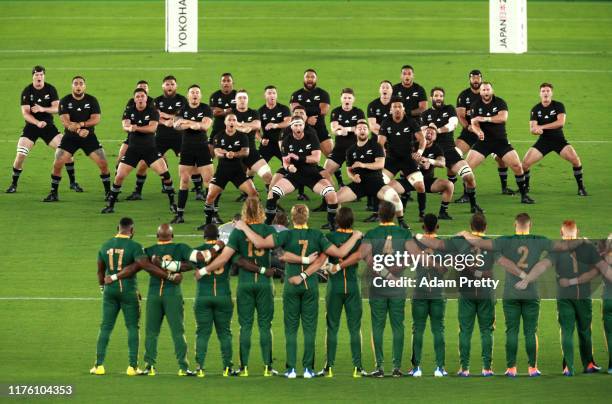 New Zealand players perform the Haka prior to the Rugby World Cup 2019 Group B game between New Zealand and South Africa at International Stadium...