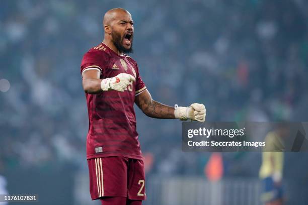Rais Mbolhi of Algeria, celebrates the 3-0 during the International Friendly match between Algeria v Colombia at the Stade Pierre Mauroy on October...
