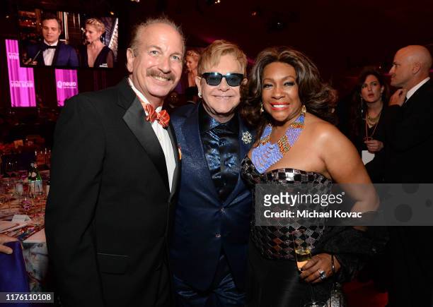 Mark Bego, Elton John and Mary Wilson attend 24th Annual Elton John AIDS Foundation's Oscar Viewing Party at The City of West Hollywood Park on...