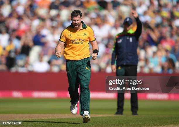 Dan Christian of Notts Outlaws celebrates taking the wicket of Ben Cox of Worcestershire Rapids during the Vitality T20 Blast Semi Final match...