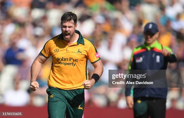 Dan Christian of Notts Outlaws celebrates taking the wicket of Ben Cox of Worcestershire Rapids during the Vitality T20 Blast Semi Final match...