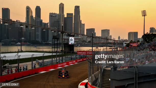 Max Verstappen of the Netherlands driving the Aston Martin Red Bull Racing RB15 on track during final practice for the F1 Grand Prix of Singapore at...