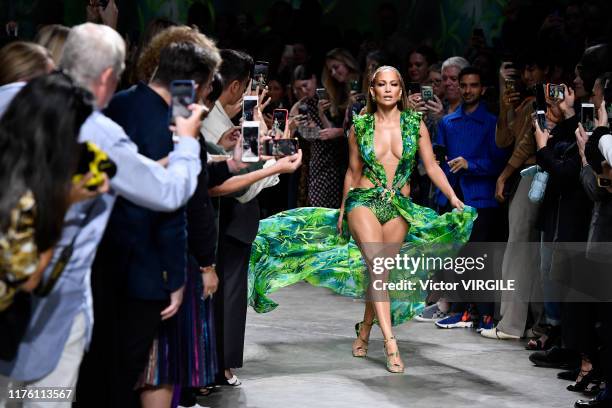 Jennifer Lopez walks the runway at the Versace Ready to Wear fashion show during the Milan Fashion Week Spring/Summer 2020 on September 20, 2019 in...