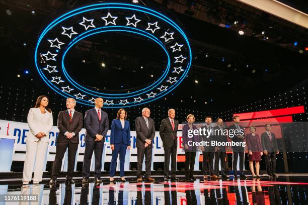 Presidential candidates Representative Tulsi Gabbard, a Democrat from Hawaii, from left, Tom Steyer, co-founder of NextGen Climate Action Committee,...