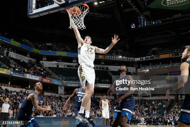 Leaf of the Indiana Pacers shoots the ball against the Minnesota Timberwolves during a pre-season game on October 15, 2019 at Bankers Life Fieldhouse...