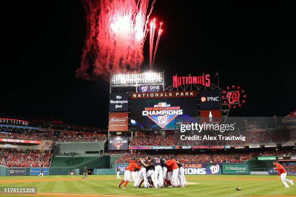 The Washington Nationals celebrate winning the NL pennant after a 7-4 win in Game 4 of the NLCS against the St. Louis Cardinals at Nationals Park on...