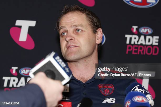 Josh Mahoney, GM of Football Operations of the Demons speaks with mediaduring the Telstra AFL Trade Period at Marvel Stadium on October 16, 2019 in...