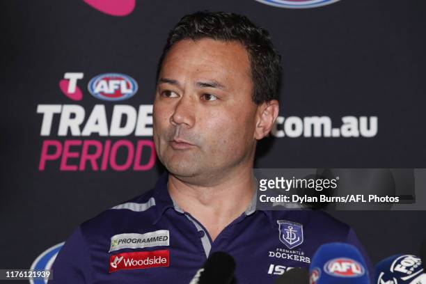 Peter Bell, Football Manager of the Dockers speaks to the media during the Telstra AFL Trade Period at Marvel Stadium on October 16, 2019 in...