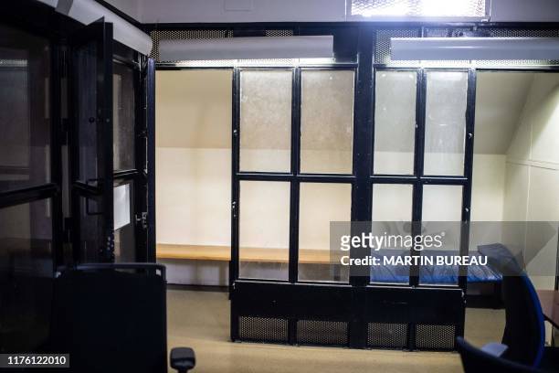 Picture taken on July 8, 2019 at the former police judicial headquarters known as the "36 quai des orfevres" in Paris, shows a cell at the narcotics...