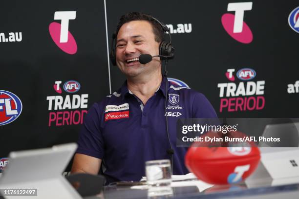 Peter Bell, Football Manager of the Dockers is interviewed during the Telstra AFL Trade Period at Marvel Stadium on October 16, 2019 in Melbourne,...