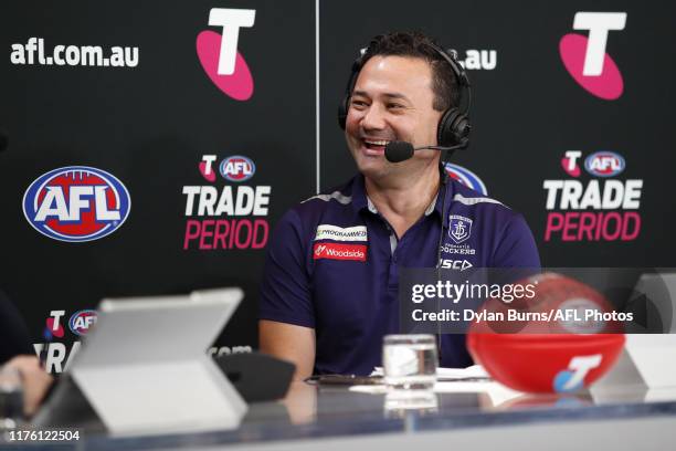 Peter Bell, Football Manager of the Dockers is interviewed during the Telstra AFL Trade Period at Marvel Stadium on October 16, 2019 in Melbourne,...