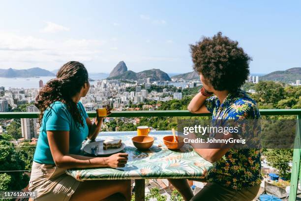 sugarloaf mountain breakfast view, rio de janeiro, - balcony view stockfoto's en -beelden