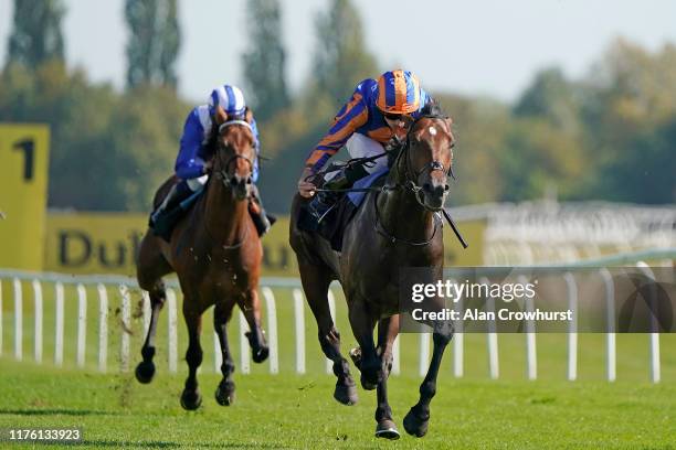 Ryan Moore riding Cherokee Trail win The SIS Family Fun Day EBF Novice Stakes at Newbury Racecourse on September 21, 2019 in Newbury, England.