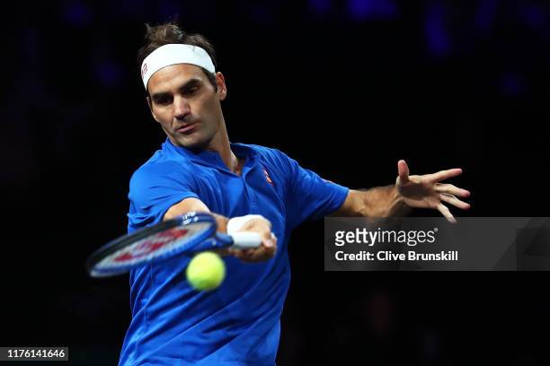 Roger Federer of Team Europe plays a forehand in his singles match against Nick Kyrgios of Team World during Day Two of the Laver Cup 2019 at Palexpo...
