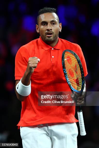 Nick Kyrgios of Team World celebrates in his singles match against Roger Federer of Team Europe during Day Two of the Laver Cup 2019 at Palexpo on...