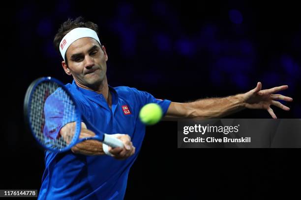 Roger Federer of Team Europe plays a forehand in his singles match against Nick Kyrgios of Team World during Day Two of the Laver Cup 2019 at Palexpo...