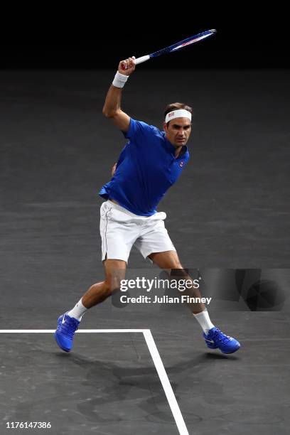 Roger Federer of Team Europe plays a backhand in his singles match against Nick Kyrgios of Team World during Day Two of the Laver Cup 2019 at Palexpo...