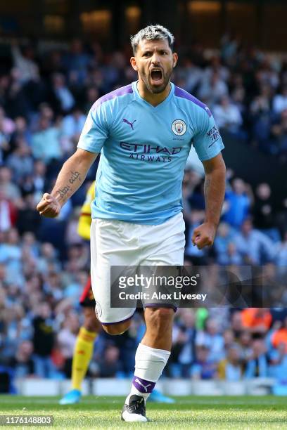 Sergio Aguero of Manchester City celebrates after scoring his team's second goal during the Premier League match between Manchester City and Watford...