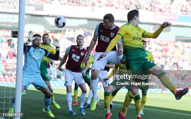 Chris Wood of Burnley scores his teams first goal during the Premier League match between Burnley FC and Norwich City at Turf Moor on September 21,...