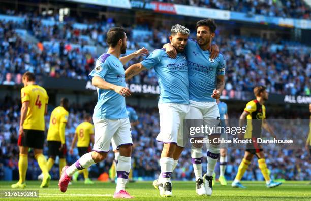 Sergio Aguero of Manchester City celebrates scoring his teams second goal during the Premier League match between Manchester City and Watford FC at...