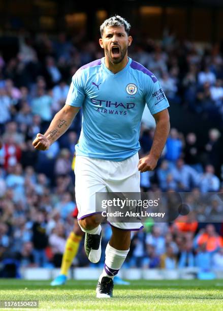 Sergio Aguero of Manchester City celebrates after scoring his team's second goal during the Premier League match between Manchester City and Watford...