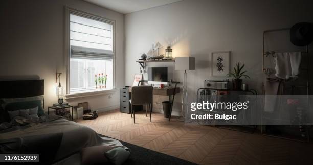 cozy and messy home interior - blinds stock pictures, royalty-free photos & images