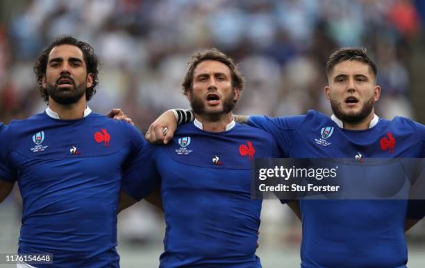 France full back Maxime Medard pictured with team mates singing the national anthem during the Rugby World Cup 2019 Group C game between France and...