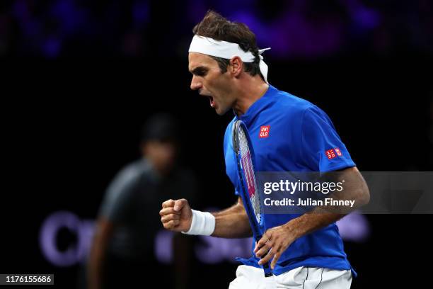 Roger Federer of Team Europe celebrates in his singles match against Nick Kyrgios of Team World during Day Two of the Laver Cup 2019 at Palexpo on...