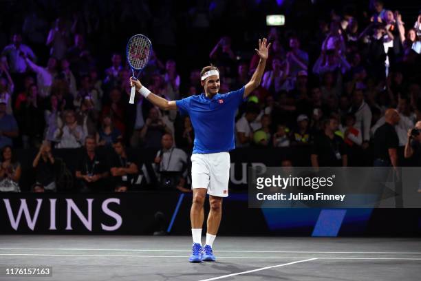 Roger Federer of Team Europe celebrates victory after his singles match against Nick Kyrgios of Team World during Day Two of the Laver Cup 2019 at...