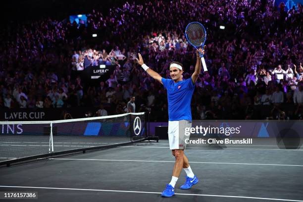 Roger Federer of Team Europe celebrates victory after his singles match against Nick Kyrgios of Team World during Day Two of the Laver Cup 2019 at...