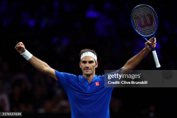 Roger Federer of Team Europe celebrates match point in his singles match against Nick Kyrgios of Team World during Day Two of the Laver Cup 2019 at...
