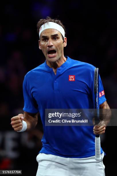 Roger Federer of Team Europe celebrates match point in his singles match against Nick Kyrgios of Team World during Day Two of the Laver Cup 2019 at...