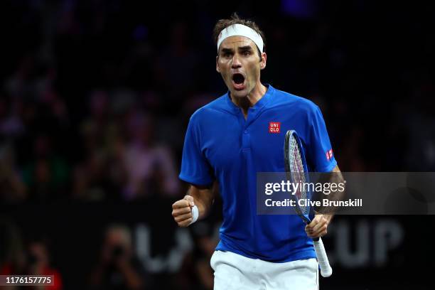 Roger Federer of Team Europe celebrates match point in his singles match against Nick Kyrgios of Team World during Day Two of the Laver Cup 2019 at...