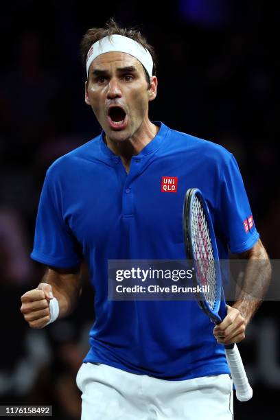 Roger Federer of Team Europe celebrates match point in his singles match against Nick Kyrgios of Team World during Day Two of the Laver Cup 2019 at...