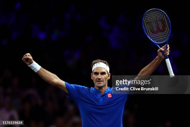 Roger Federer of Team Europe celebrates match point in his singles match against Nick Kyrgios of Team World during Day Two of the Laver Cup 2019 at...