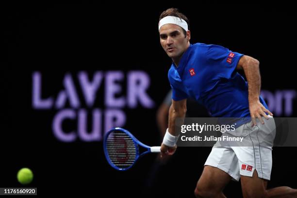 Roger Federer of Team Europe plays a forehand in his singles match against Nick Kyrgios of Team World during Day Two of the Laver Cup 2019 at Palexpo...