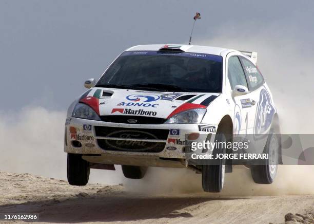 Emirati Mohammed Ben Sulayem gets his car off the ground at the Swaqa stage, south of Amman, on the last day of the Jordan International rally, 12...